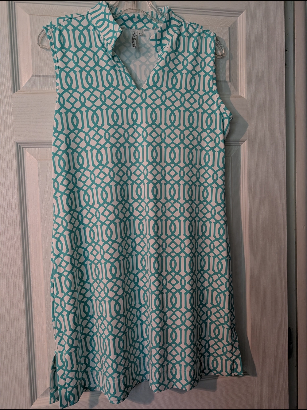 Lulu B Sleeveless Geometric Print Shift Dress - Teal & White